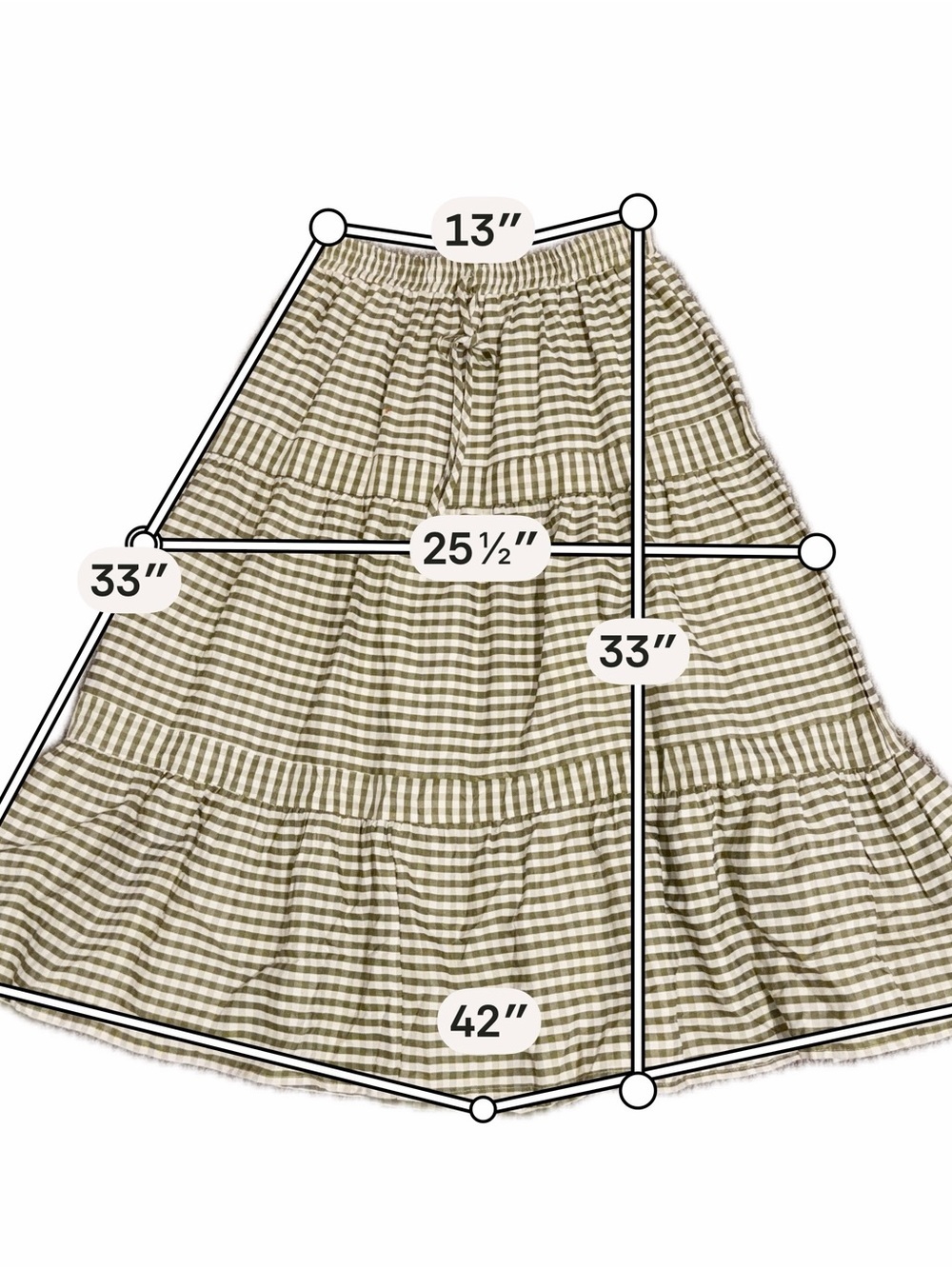 Olive Green Gingham Tiered Maxi Skirt Cottagecore Coastal Size M - Picture 2 of 4